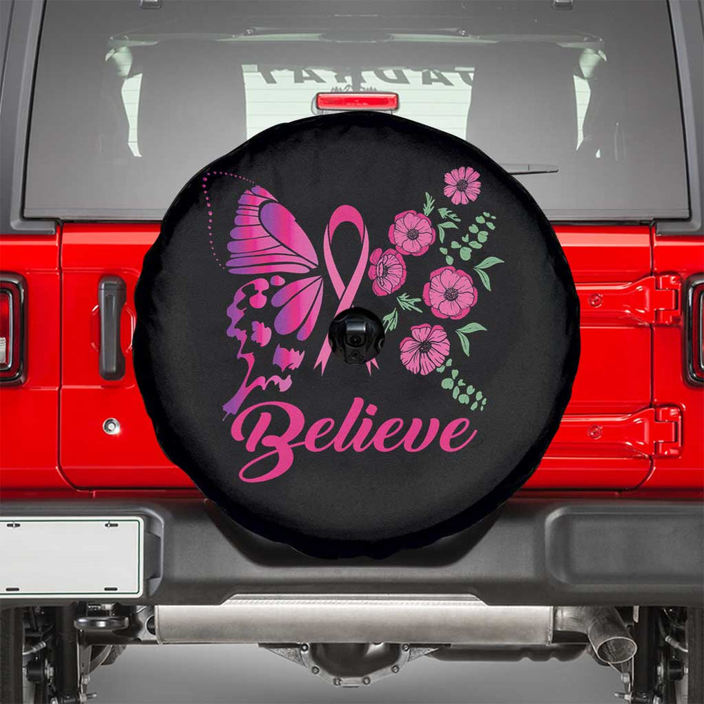 Breast Cancer Awareness Spare Tire Cover Believe Butterfly Flower Pink Ribbon Support Squad TS02 Black Print Your Wear
