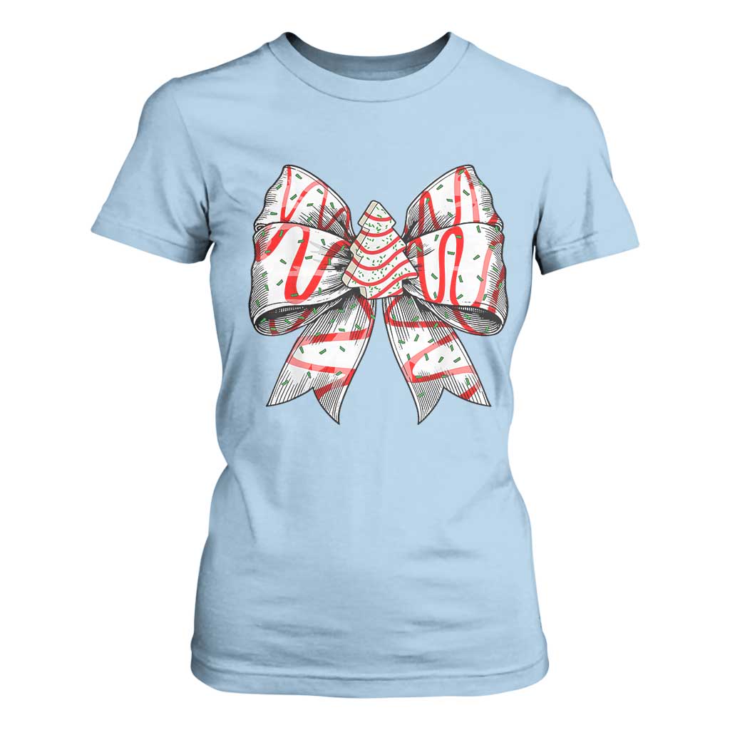 Coquette Bow Christmas Tree Cake T Shirt For Women Xmas Vibes TS02 Light Blue Print Your Wear