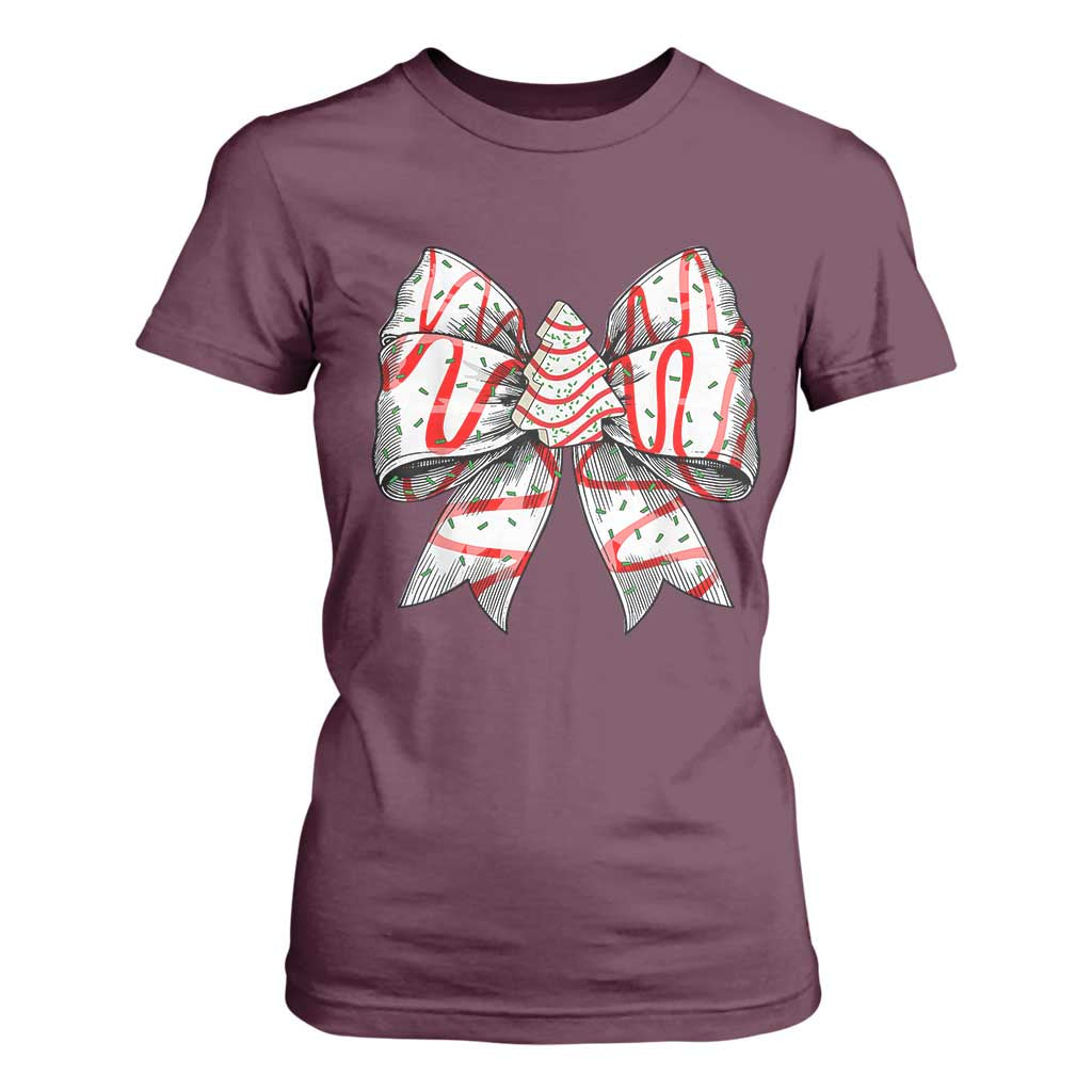 Coquette Bow Christmas Tree Cake T Shirt For Women Xmas Vibes TS02 Maroon Print Your Wear