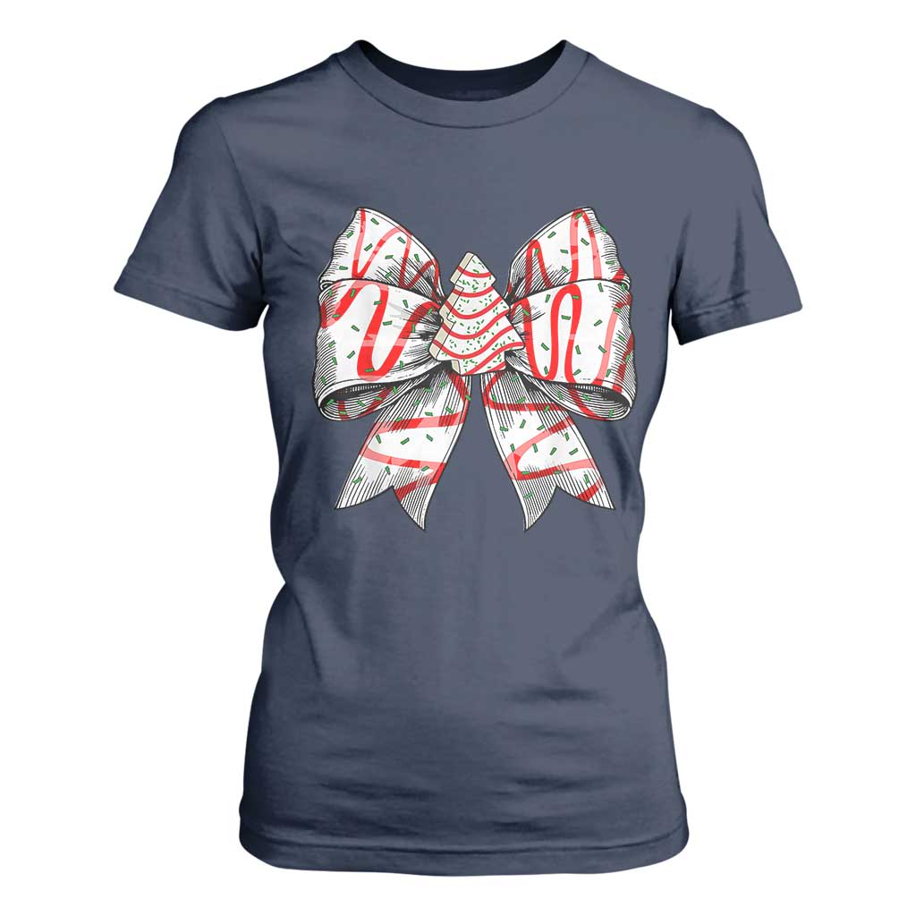 Coquette Bow Christmas Tree Cake T Shirt For Women Xmas Vibes TS02 Navy Print Your Wear