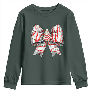 Coquette Bow Christmas Tree Cake Youth Sweatshirt Xmas Vibes TS02 Dark Forest Green Print Your Wear