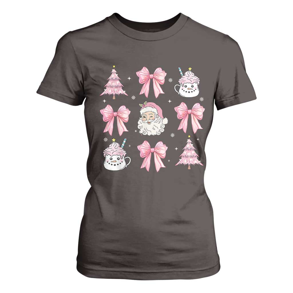 Pink Christmas Coquette Bow T Shirt For Women Santa Festive Xmas Vibe TS02 Dark Chocolate Print Your Wear