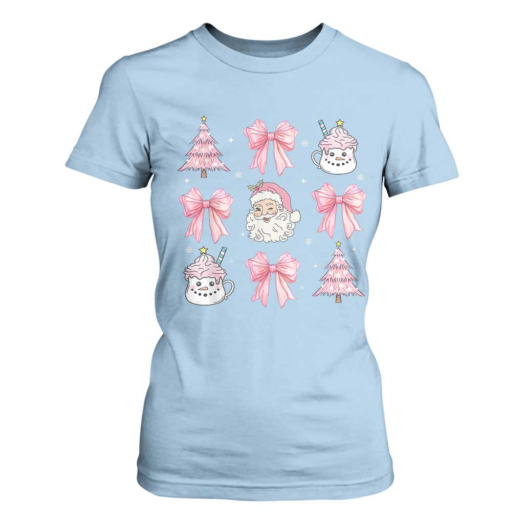 Pink Christmas Coquette Bow T Shirt For Women Santa Festive Xmas Vibe TS02 Light Blue Print Your Wear