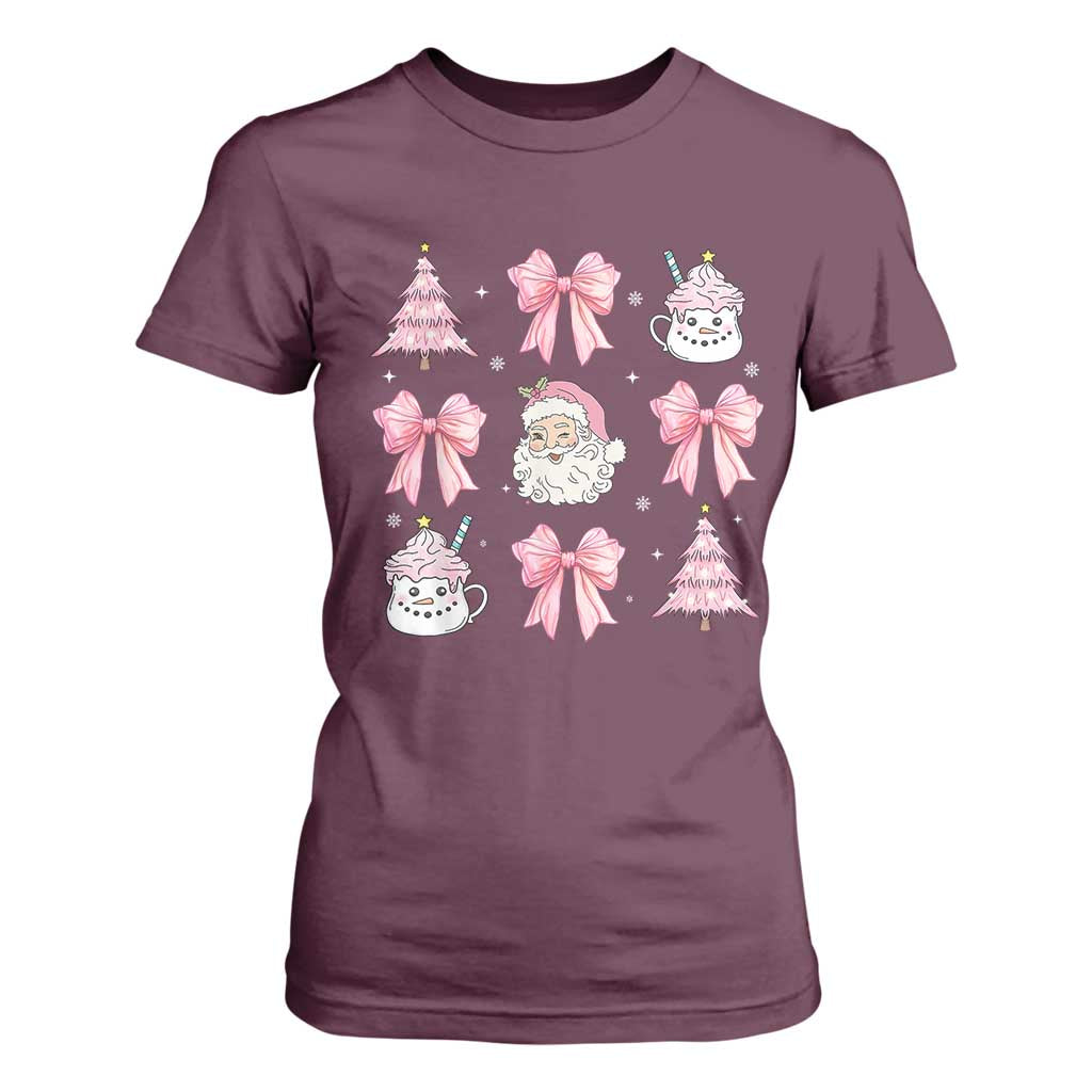 Pink Christmas Coquette Bow T Shirt For Women Santa Festive Xmas Vibe TS02 Maroon Print Your Wear