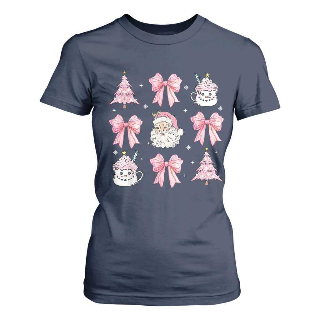 Pink Christmas Coquette Bow T Shirt For Women Santa Festive Xmas Vibe TS02 Navy Print Your Wear