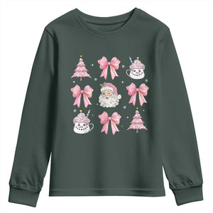 Pink Christmas Coquette Bow Youth Sweatshirt Santa Festive Xmas Vibe TS02 Dark Forest Green Print Your Wear