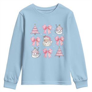 Pink Christmas Coquette Bow Youth Sweatshirt Santa Festive Xmas Vibe TS02 Light Blue Print Your Wear