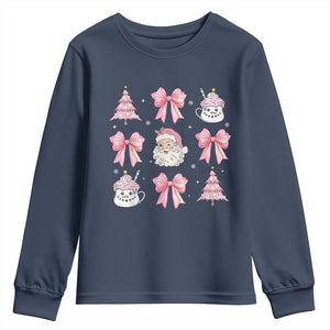 Pink Christmas Coquette Bow Youth Sweatshirt Santa Festive Xmas Vibe TS02 Navy Print Your Wear