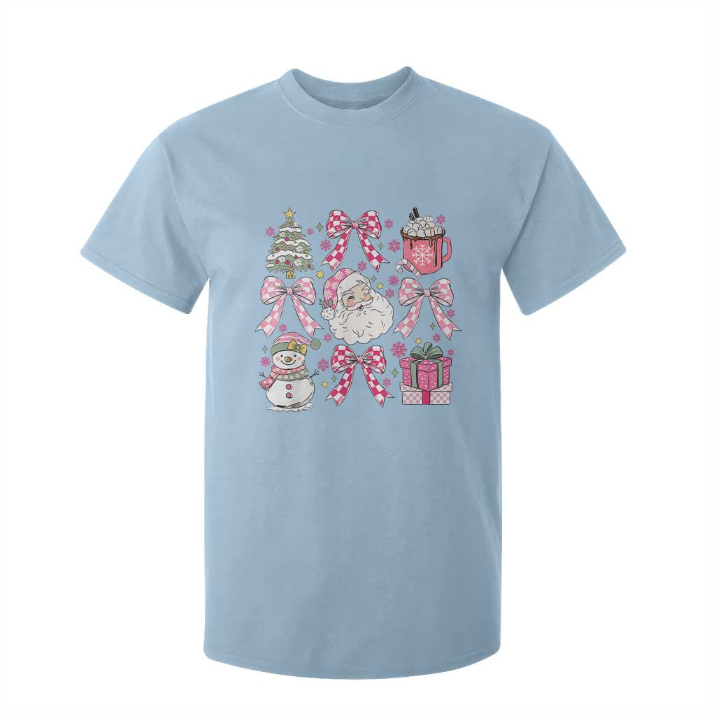 Retro Santa Claus Pink Coquette Bow T Shirt For Kid Festive Xmas Vibe TS02 Light Blue Print Your Wear