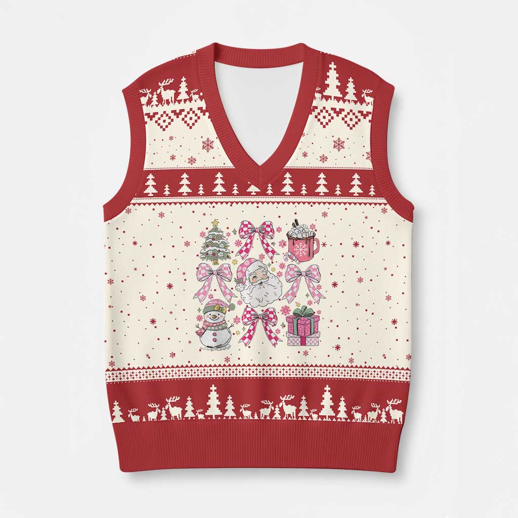 Retro Santa Claus Pink Coquette Bow V-Neck Knit Sweater Vest Festive Xmas Vibe TS02 Beige Red Print Your Wear