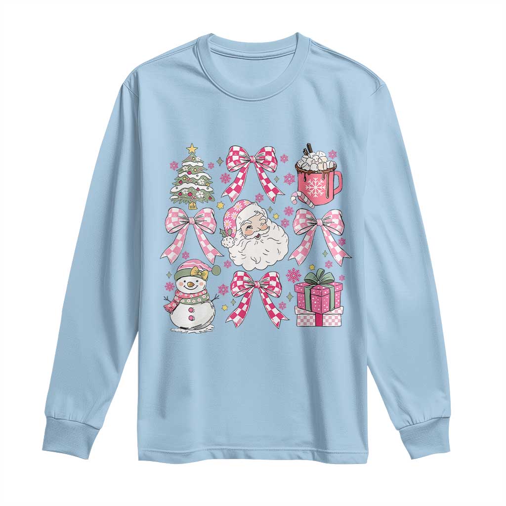 Retro Santa Claus Pink Coquette Bow Long Sleeve Shirt Festive Xmas Vibe TS02 Light Blue Print Your Wear
