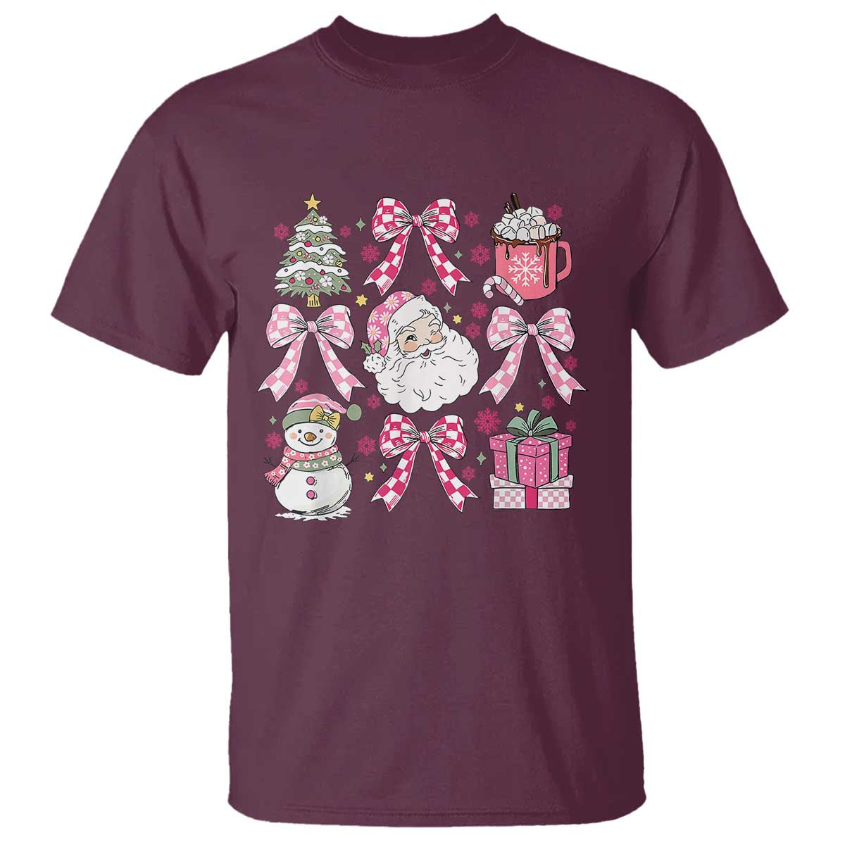 Retro Santa Claus Pink Coquette Bow T Shirt Festive Xmas Vibe TS02 Maroon Print Your Wear