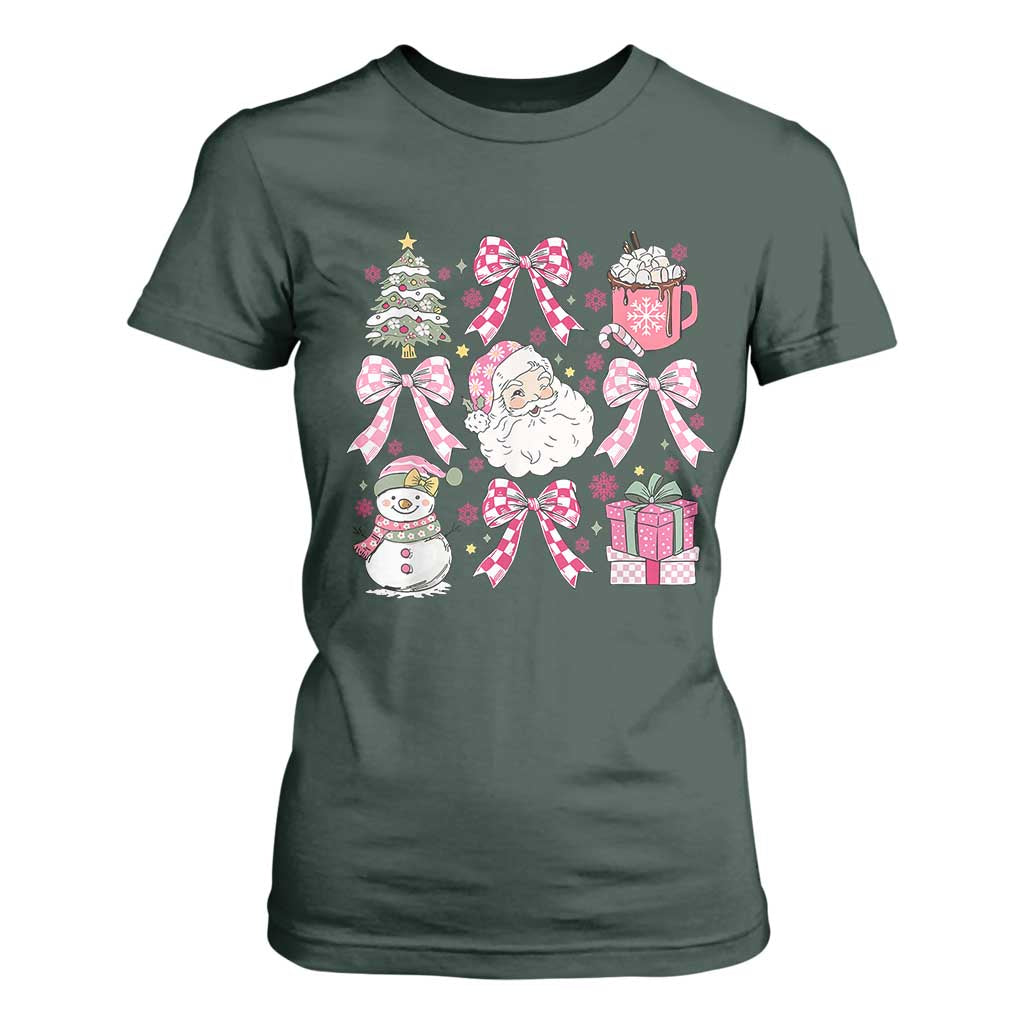 Retro Santa Claus Pink Coquette Bow T Shirt For Women Festive Xmas Vibe TS02 Dark Forest Green Print Your Wear