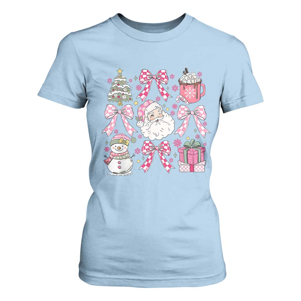 Retro Santa Claus Pink Coquette Bow T Shirt For Women Festive Xmas Vibe TS02 Light Blue Print Your Wear