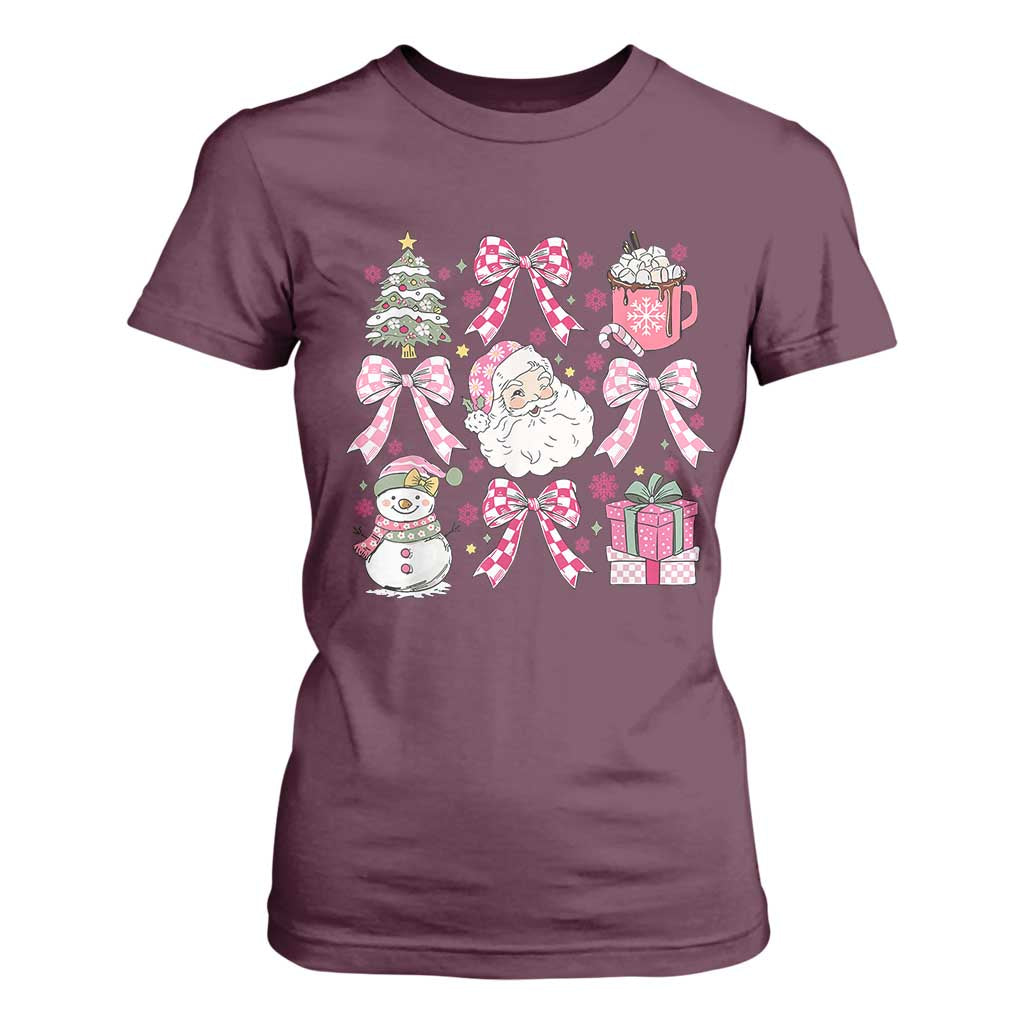 Retro Santa Claus Pink Coquette Bow T Shirt For Women Festive Xmas Vibe TS02 Maroon Print Your Wear