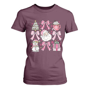Retro Santa Claus Pink Coquette Bow T Shirt For Women Festive Xmas Vibe TS02 Maroon Print Your Wear