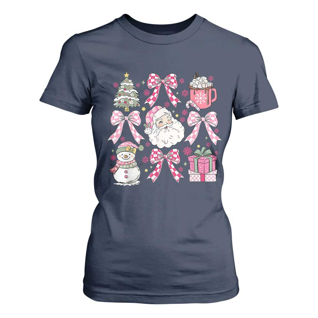 Retro Santa Claus Pink Coquette Bow T Shirt For Women Festive Xmas Vibe TS02 Navy Print Your Wear