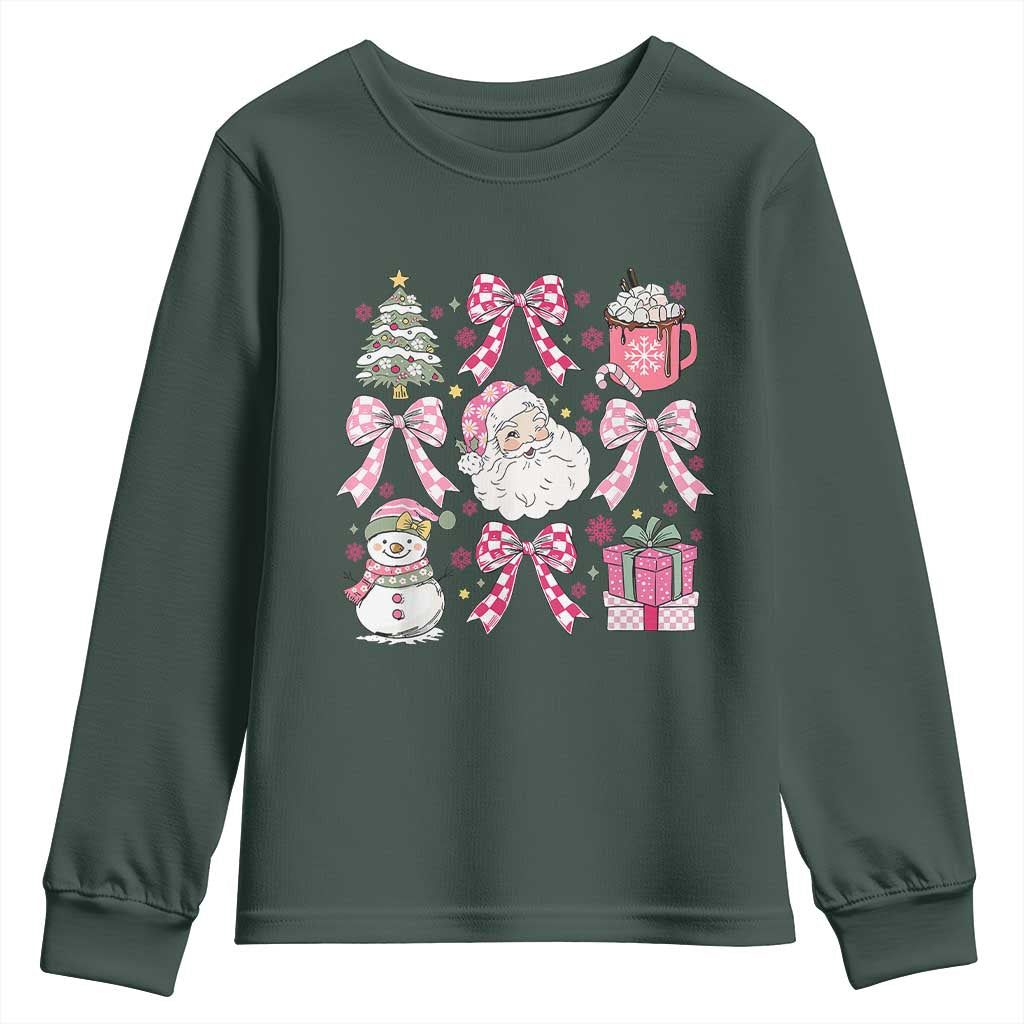 Retro Santa Claus Pink Coquette Bow Youth Sweatshirt Festive Xmas Vibe TS02 Dark Forest Green Print Your Wear