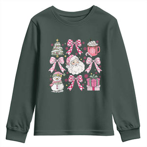 Retro Santa Claus Pink Coquette Bow Youth Sweatshirt Festive Xmas Vibe TS02 Dark Forest Green Print Your Wear
