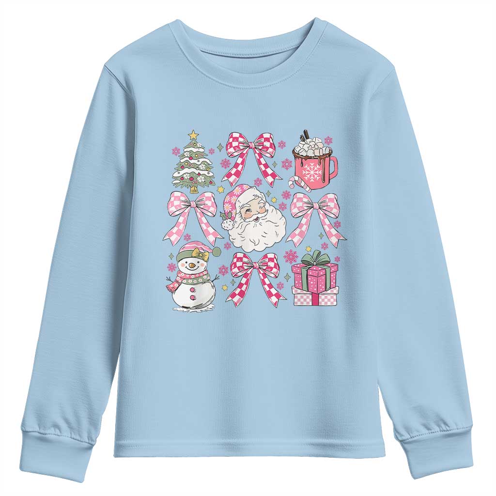 Retro Santa Claus Pink Coquette Bow Youth Sweatshirt Festive Xmas Vibe TS02 Light Blue Print Your Wear