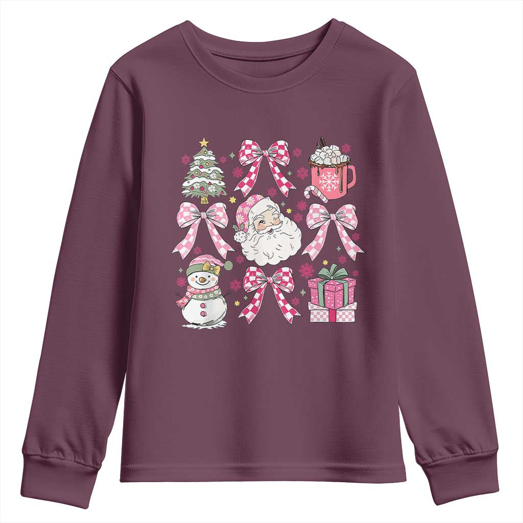 Retro Santa Claus Pink Coquette Bow Youth Sweatshirt Festive Xmas Vibe TS02 Maroon Print Your Wear