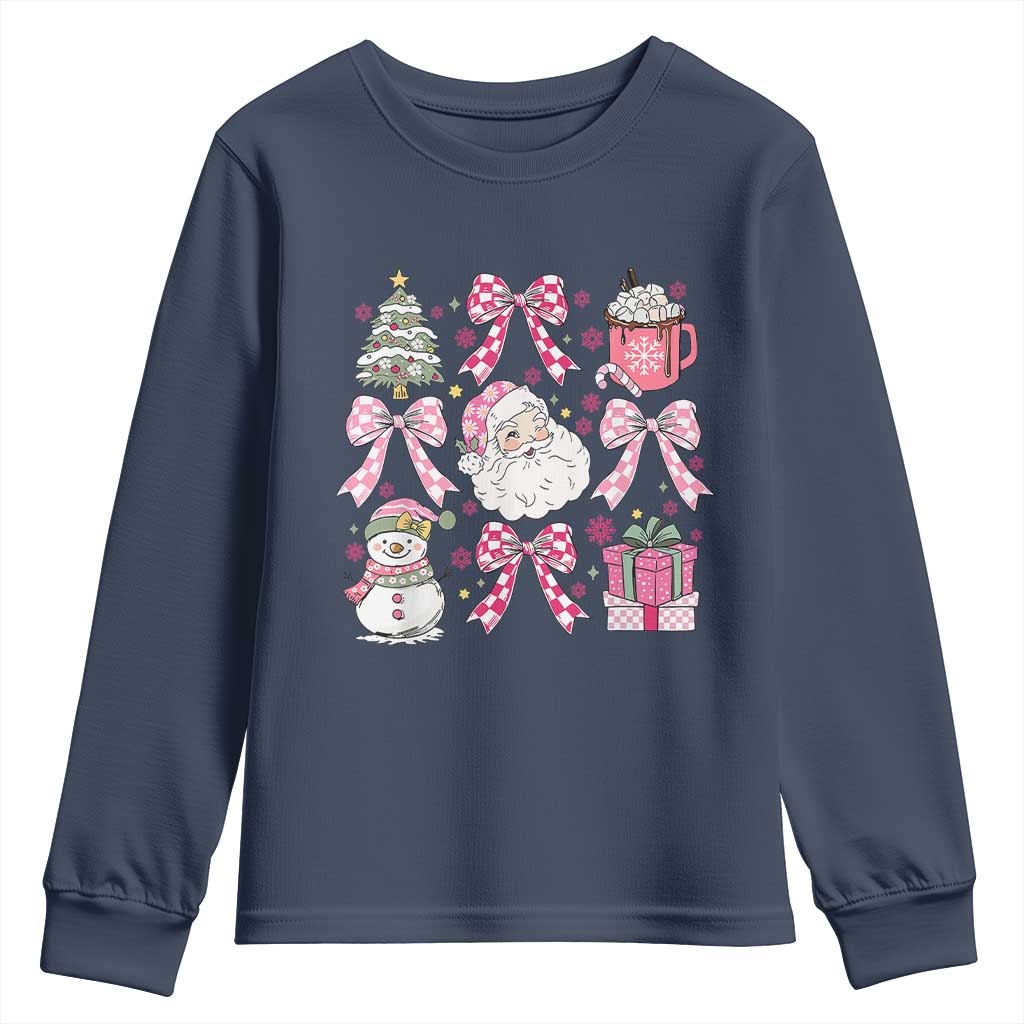 Retro Santa Claus Pink Coquette Bow Youth Sweatshirt Festive Xmas Vibe TS02 Navy Print Your Wear