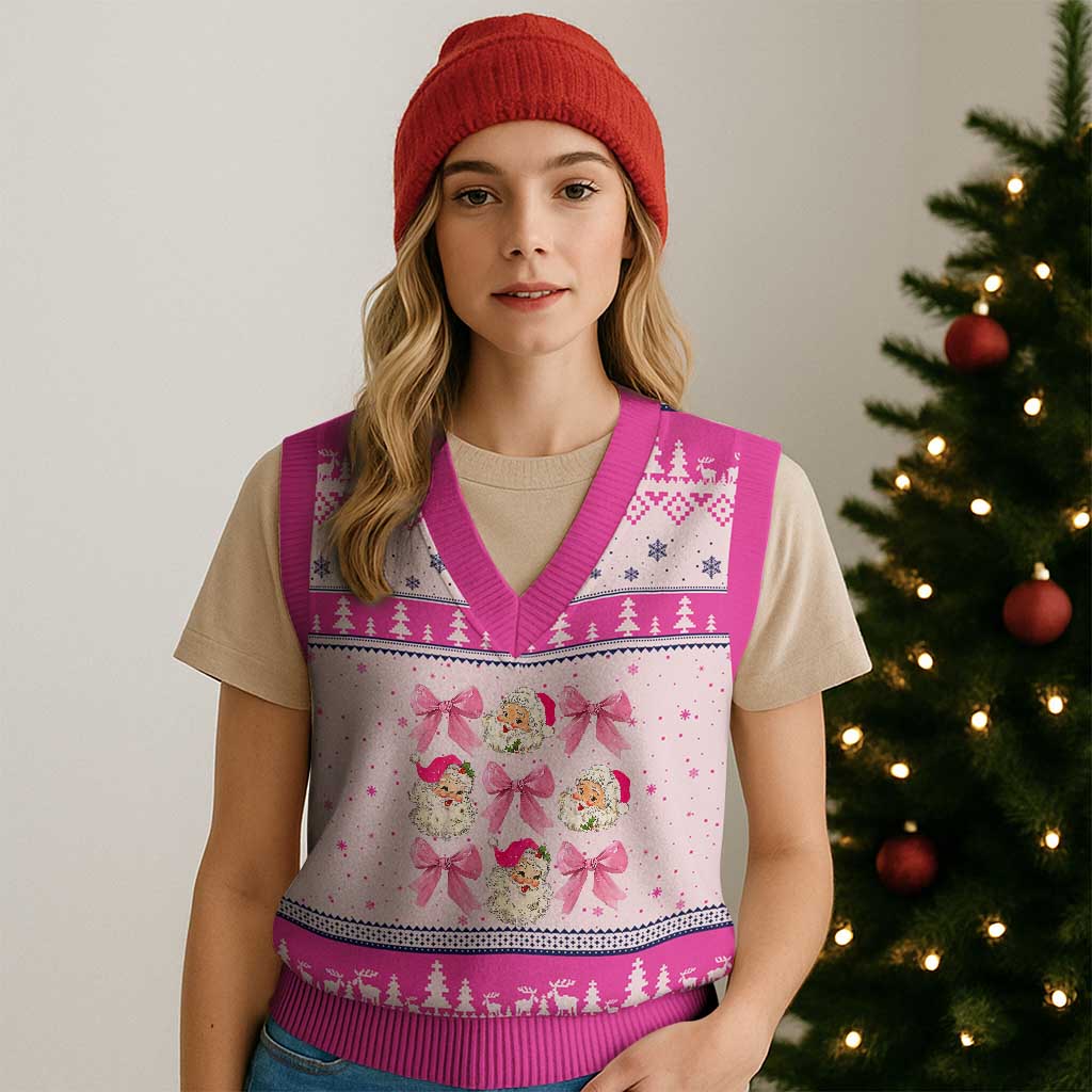 Vintage Pink Xmas Coquette Bow V-Neck Knit Sweater Vest Santa Claus Festive Xmas Vibe TS02 Hot Pink Print Your Wear