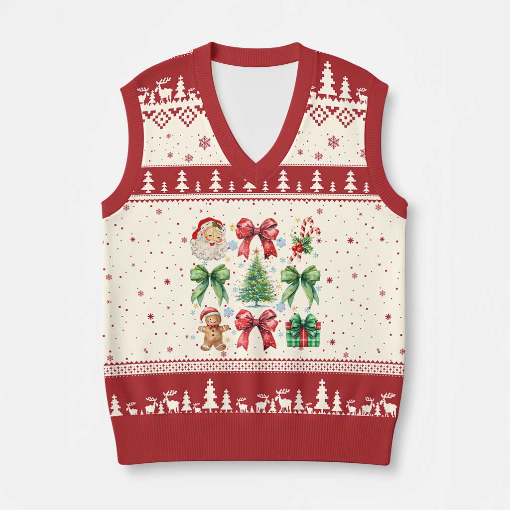 Xmas Tree Retro Coquette Bow V-Neck Knit Sweater Vest Santa Claus Candy Festive Xmas Vibes TS02 Beige Red Print Your Wear
