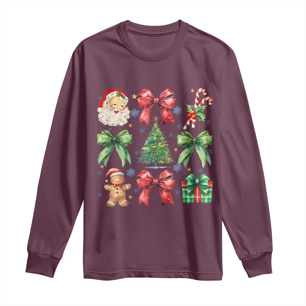 Christmas Tree Retro Coquette Bow Long Sleeve Shirt Santa Claus Candy Festive Xmas Vibes TS02 Maroon Print Your Wear