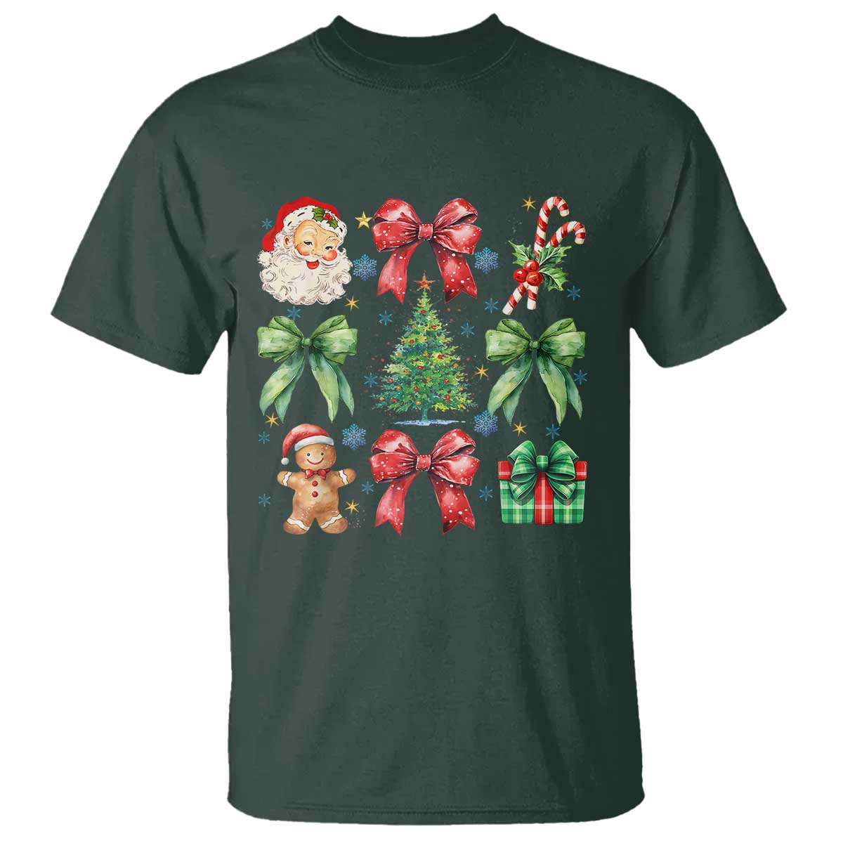 Christmas Tree Retro Coquette Bow T Shirt Santa Claus Candy Festive Xmas Vibes TS02 Dark Forest Green Print Your Wear