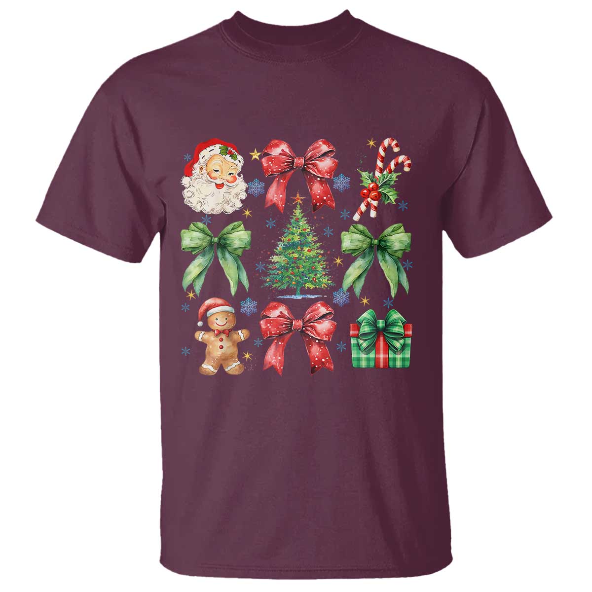 Christmas Tree Retro Coquette Bow T Shirt Santa Claus Candy Festive Xmas Vibes TS02 Maroon Print Your Wear