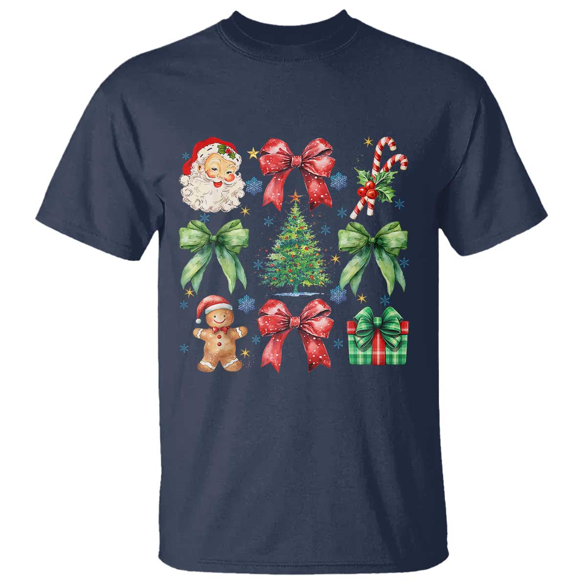 Christmas Tree Retro Coquette Bow T Shirt Santa Claus Candy Festive Xmas Vibes TS02 Navy Print Your Wear
