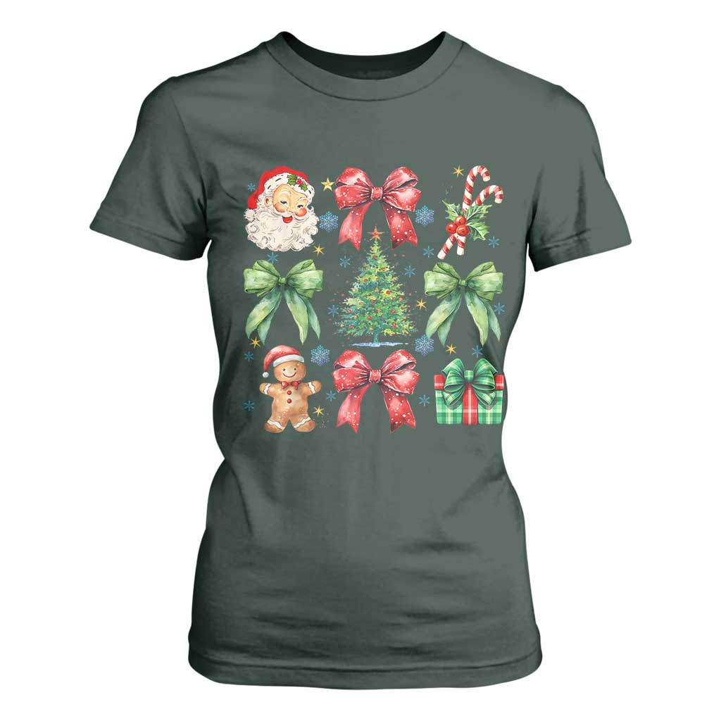 Christmas Tree Retro Coquette Bow T Shirt For Women Santa Claus Candy Festive Xmas Vibes TS02 Dark Forest Green Print Your Wear