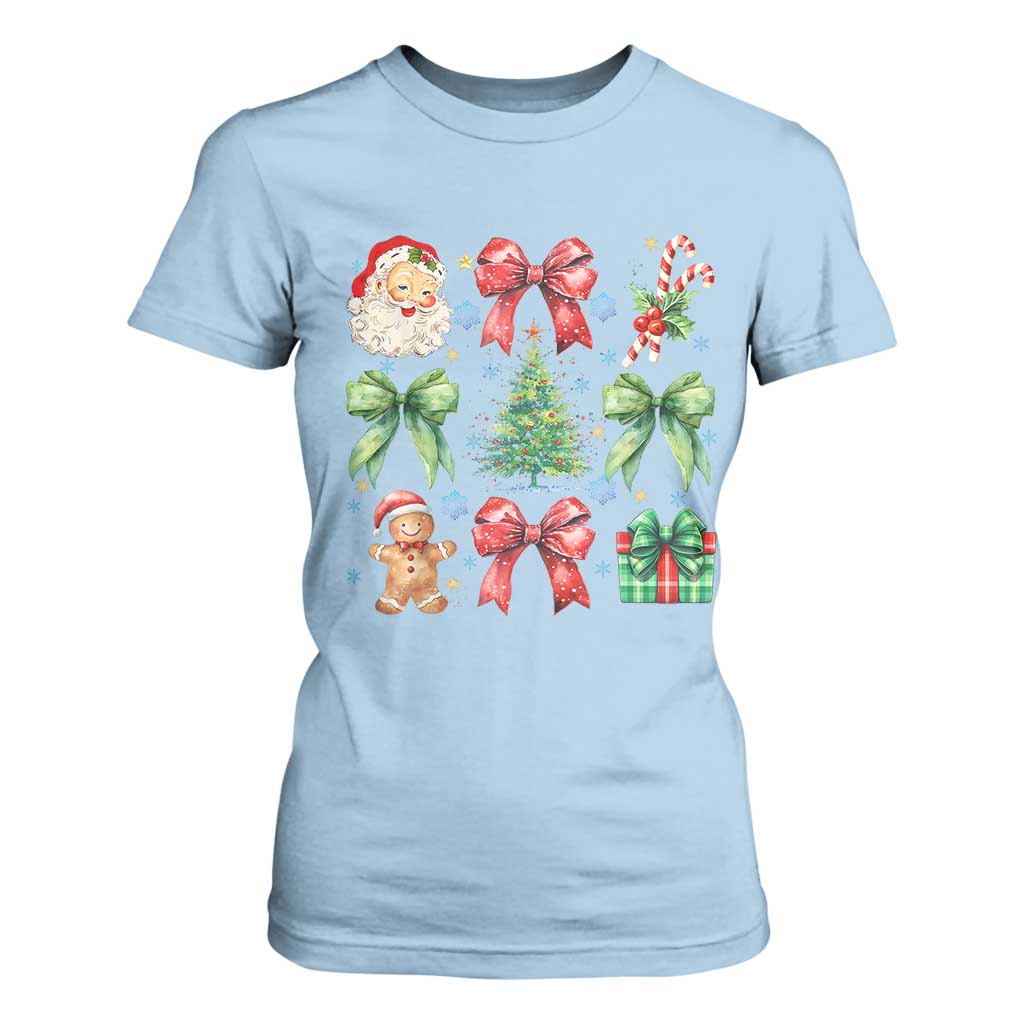 Christmas Tree Retro Coquette Bow T Shirt For Women Santa Claus Candy Festive Xmas Vibes TS02 Light Blue Print Your Wear