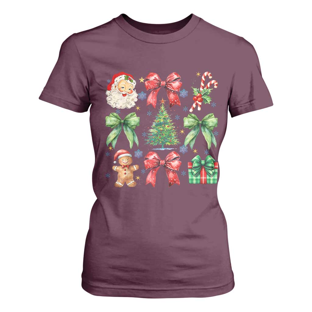 Christmas Tree Retro Coquette Bow T Shirt For Women Santa Claus Candy Festive Xmas Vibes TS02 Maroon Print Your Wear