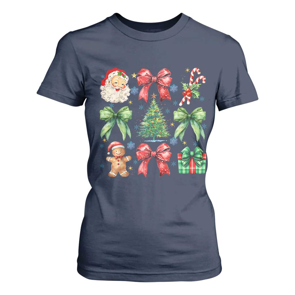 Christmas Tree Retro Coquette Bow T Shirt For Women Santa Claus Candy Festive Xmas Vibes TS02 Navy Print Your Wear