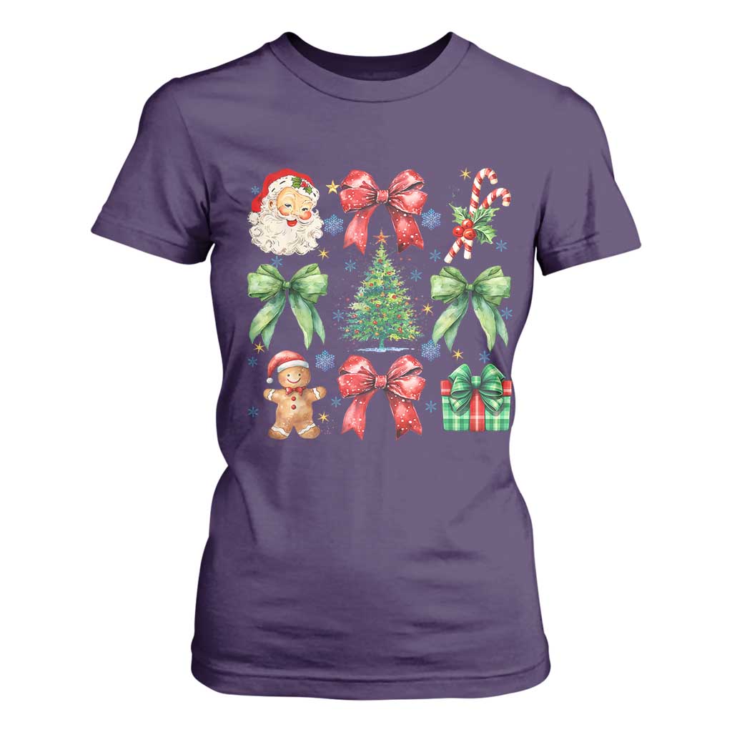 Christmas Tree Retro Coquette Bow T Shirt For Women Santa Claus Candy Festive Xmas Vibes TS02 Purple Print Your Wear