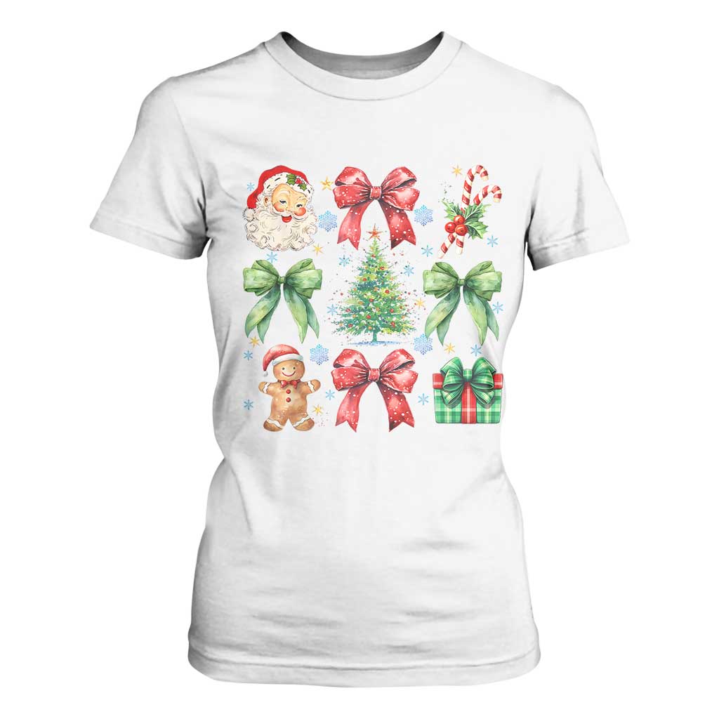 Christmas Tree Retro Coquette Bow T Shirt For Women Santa Claus Candy Festive Xmas Vibes TS02 White Print Your Wear