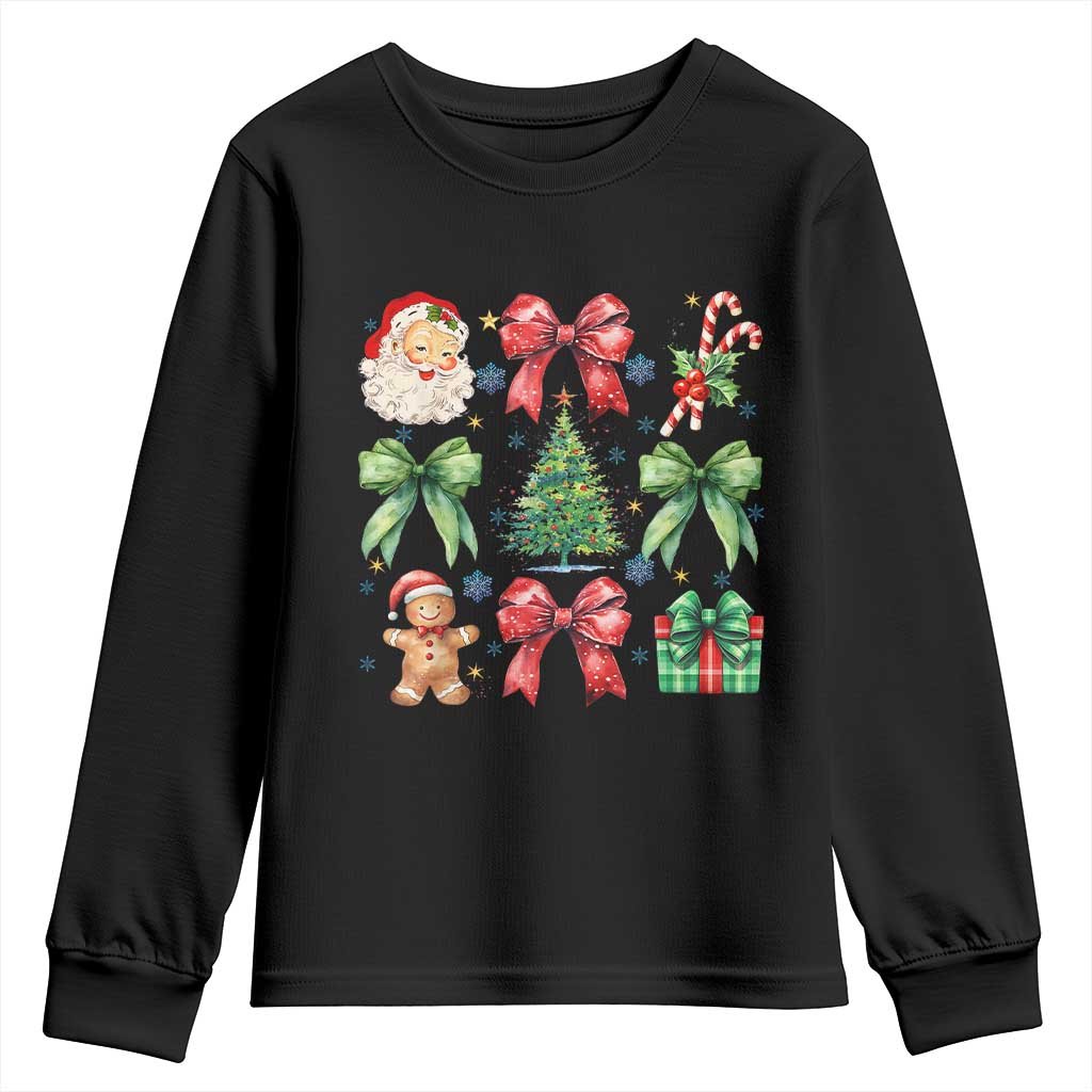 Christmas Tree Retro Coquette Bow Youth Sweatshirt Santa Claus Candy Festive Xmas Vibes TS02 Black Print Your Wear