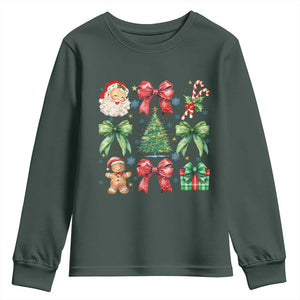 Christmas Tree Retro Coquette Bow Youth Sweatshirt Santa Claus Candy Festive Xmas Vibes TS02 Dark Forest Green Print Your Wear