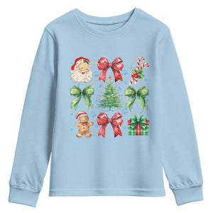 Christmas Tree Retro Coquette Bow Youth Sweatshirt Santa Claus Candy Festive Xmas Vibes TS02 Light Blue Print Your Wear