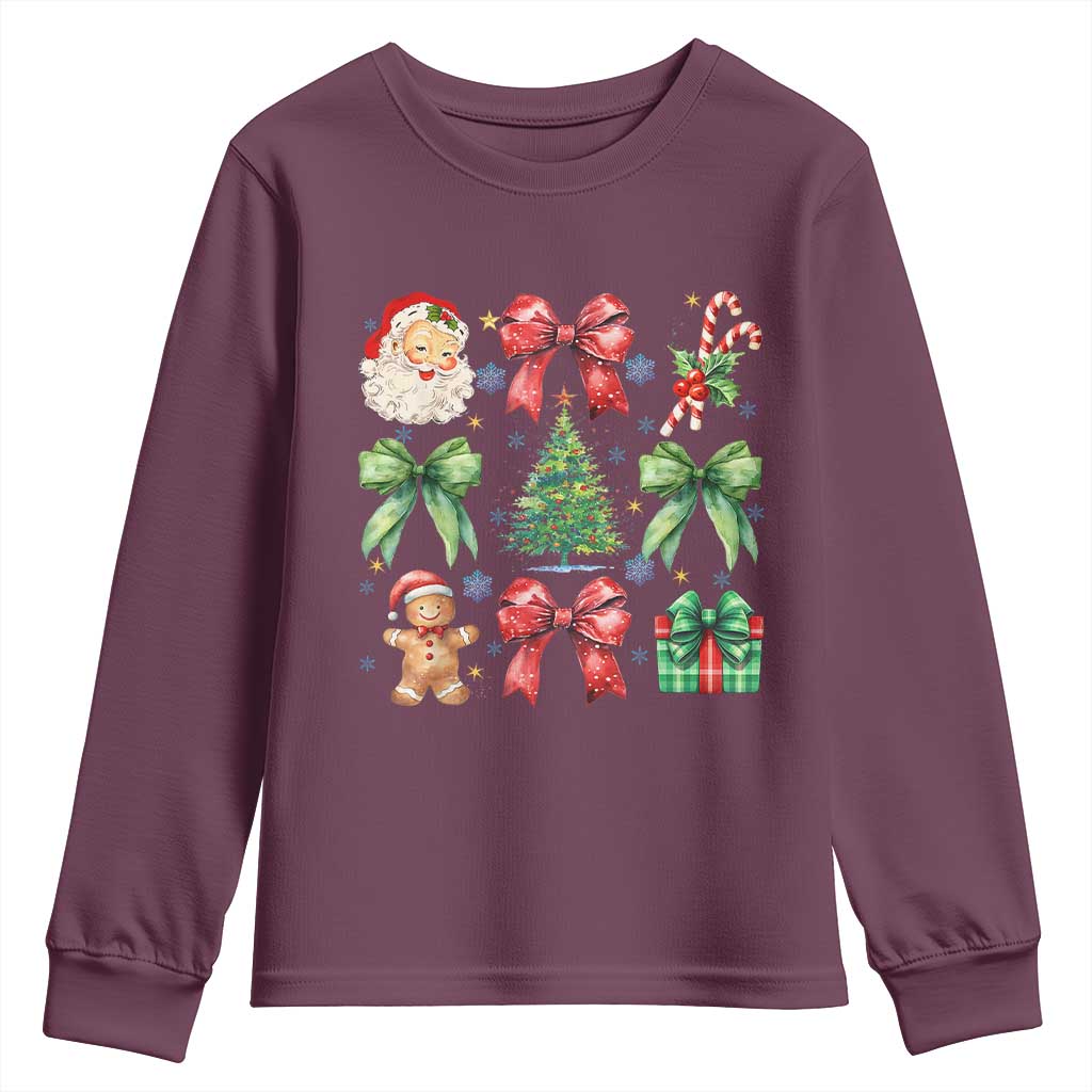 Christmas Tree Retro Coquette Bow Youth Sweatshirt Santa Claus Candy Festive Xmas Vibes TS02 Maroon Print Your Wear