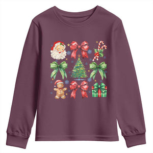 Christmas Tree Retro Coquette Bow Youth Sweatshirt Santa Claus Candy Festive Xmas Vibes TS02 Maroon Print Your Wear