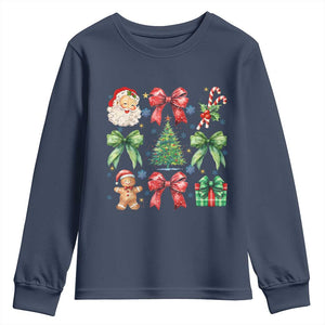Christmas Tree Retro Coquette Bow Youth Sweatshirt Santa Claus Candy Festive Xmas Vibes TS02 Navy Print Your Wear