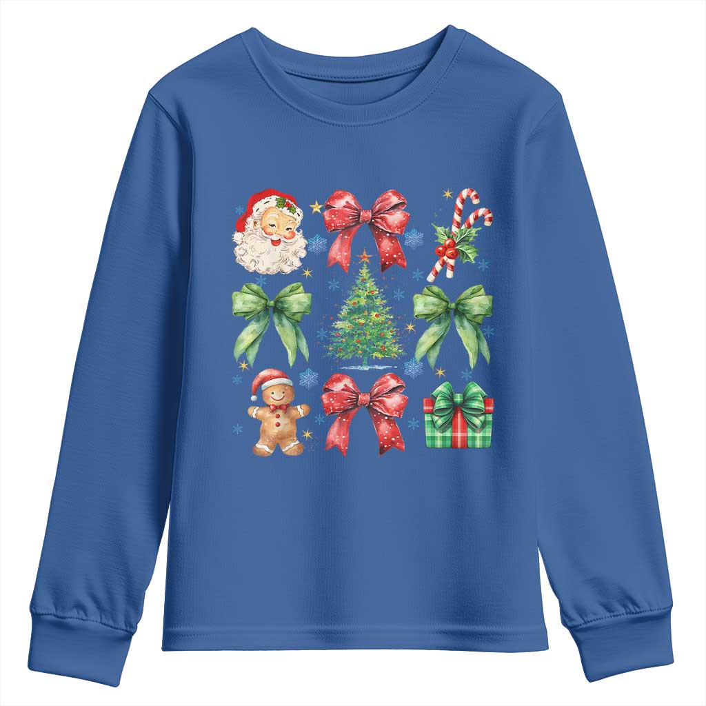 Christmas Tree Retro Coquette Bow Youth Sweatshirt Santa Claus Candy Festive Xmas Vibes TS02 Royal Blue Print Your Wear