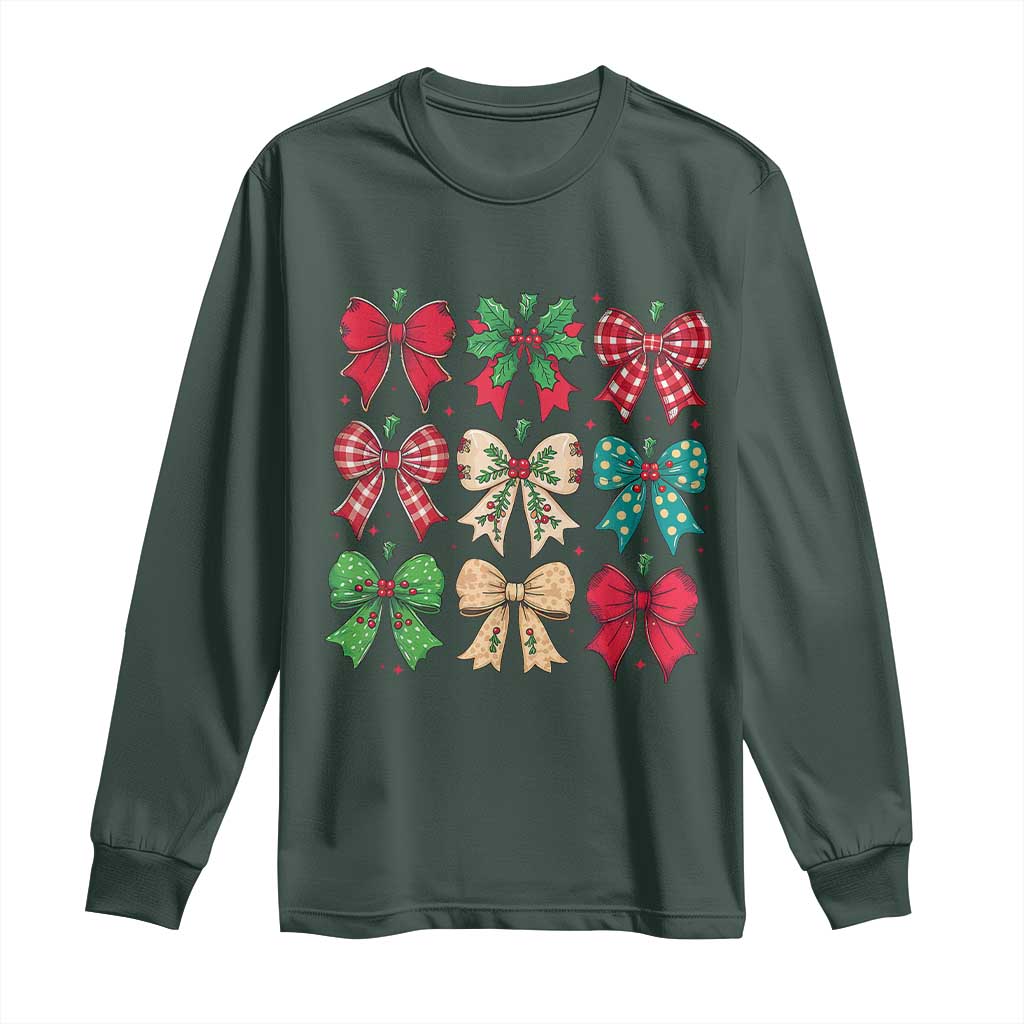 Merry Christmas Coquette Bow Long Sleeve Shirt Festive Xmas Vibe TS02 Dark Forest Green Print Your Wear