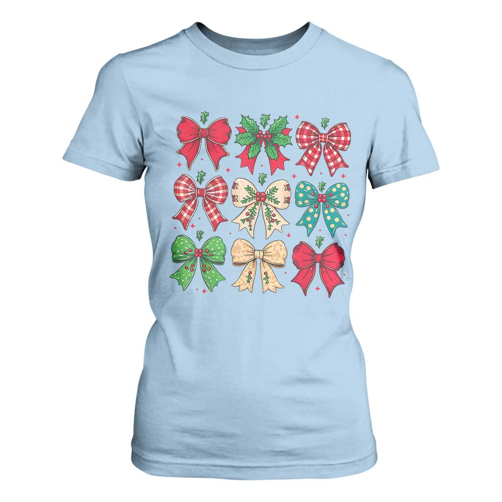 Merry Christmas Coquette Bow T Shirt For Women Festive Xmas Vibe TS02 Light Blue Print Your Wear