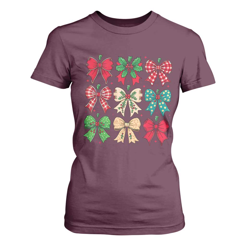 Merry Christmas Coquette Bow T Shirt For Women Festive Xmas Vibe TS02 Maroon Print Your Wear