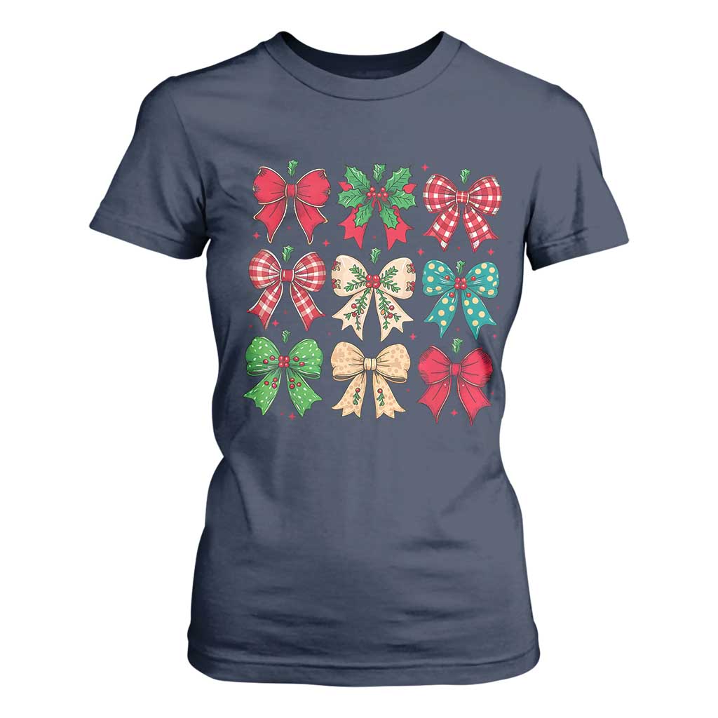 Merry Christmas Coquette Bow T Shirt For Women Festive Xmas Vibe TS02 Navy Print Your Wear