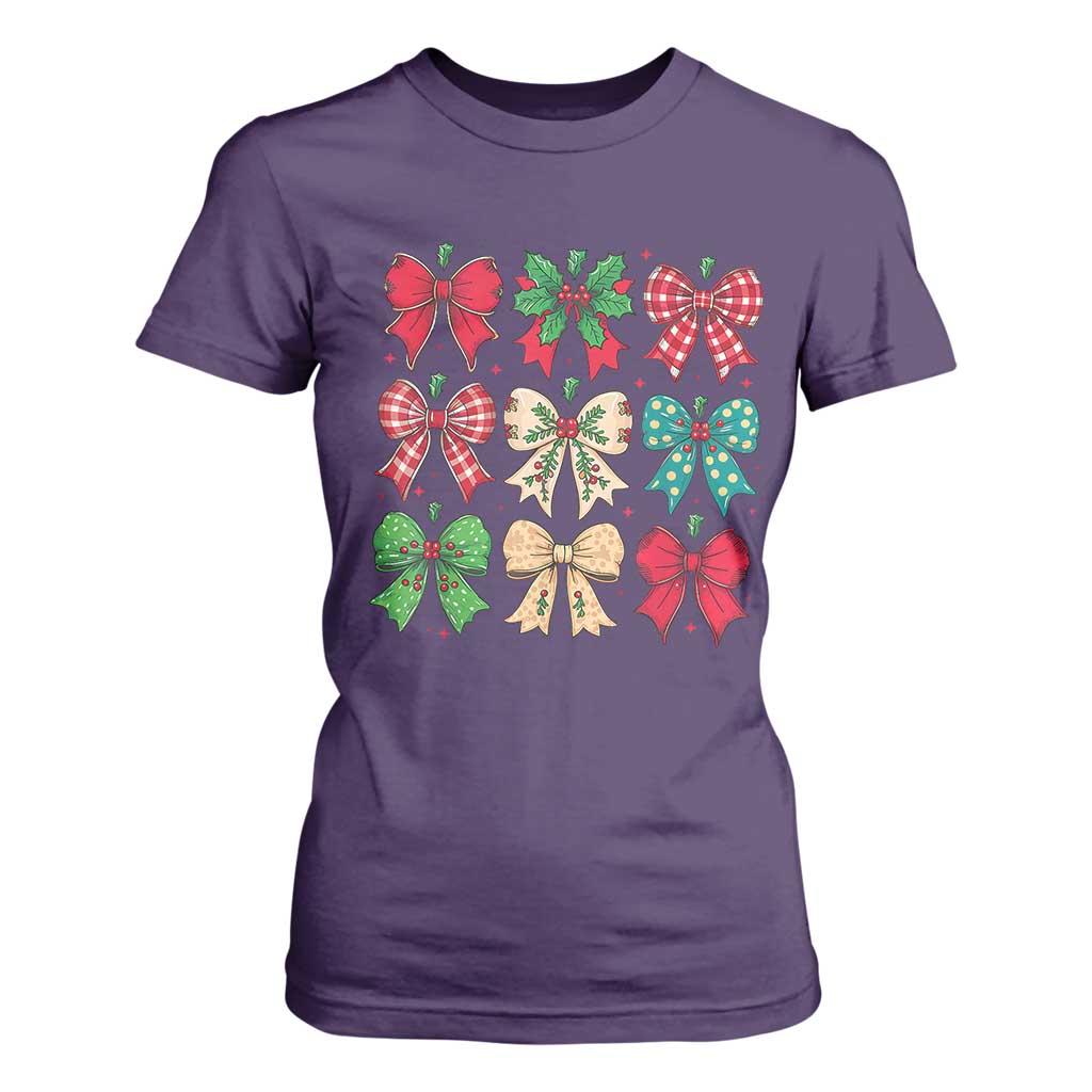 Merry Christmas Coquette Bow T Shirt For Women Festive Xmas Vibe TS02 Purple Print Your Wear